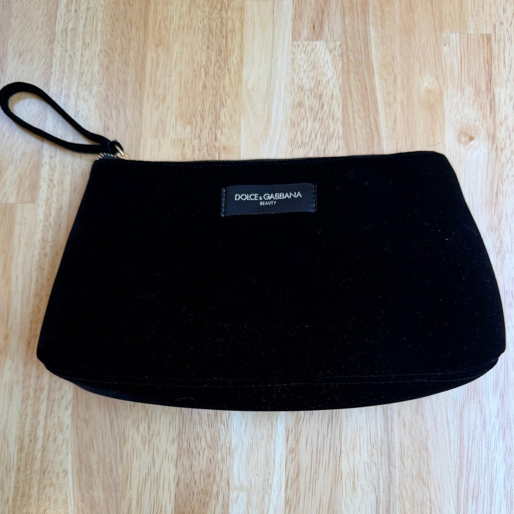 Dolce & Gabbana Beauty Black Velvet Makeup Bag Cosmetic Pouch Gold Zipper Clutch